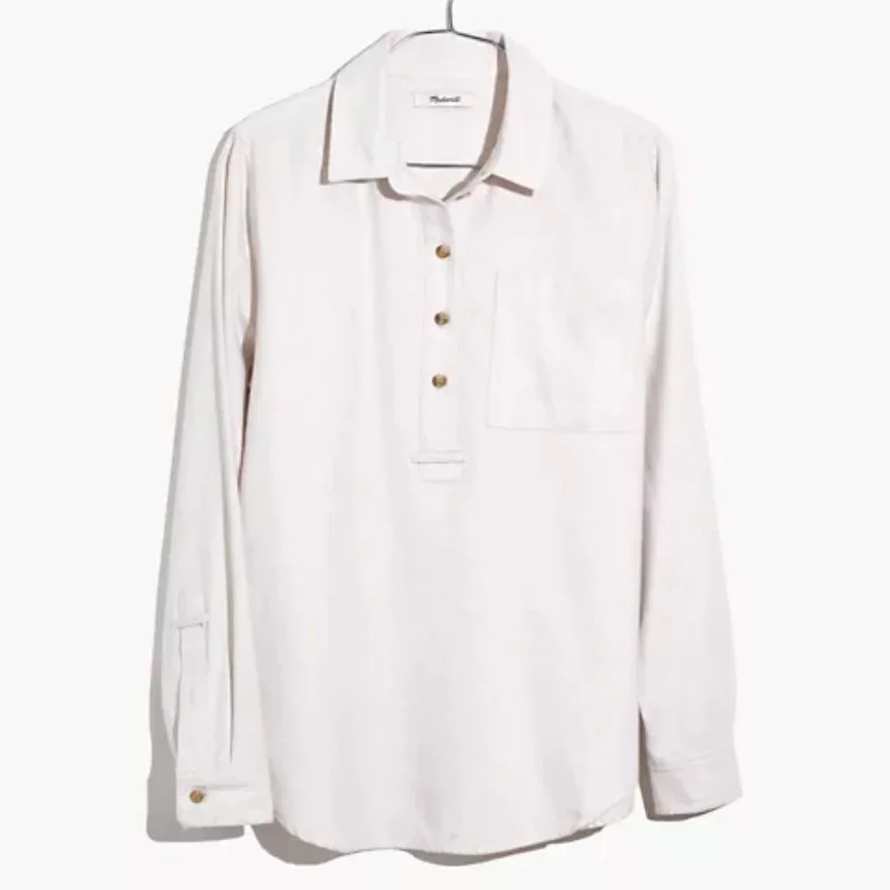 MADEWELL OATMEAL FLANNEL CLASSIC EX-BOYFRIEND POPOVER SHIRT TOP - Picture 4 of 4